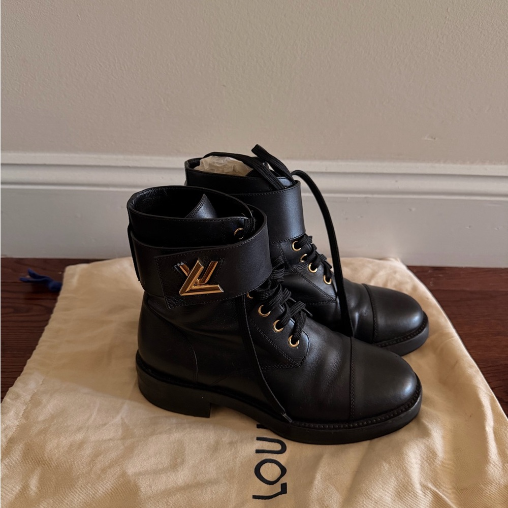 Louis Vuitton Black Leather Ankle Boots with Gold Detail
